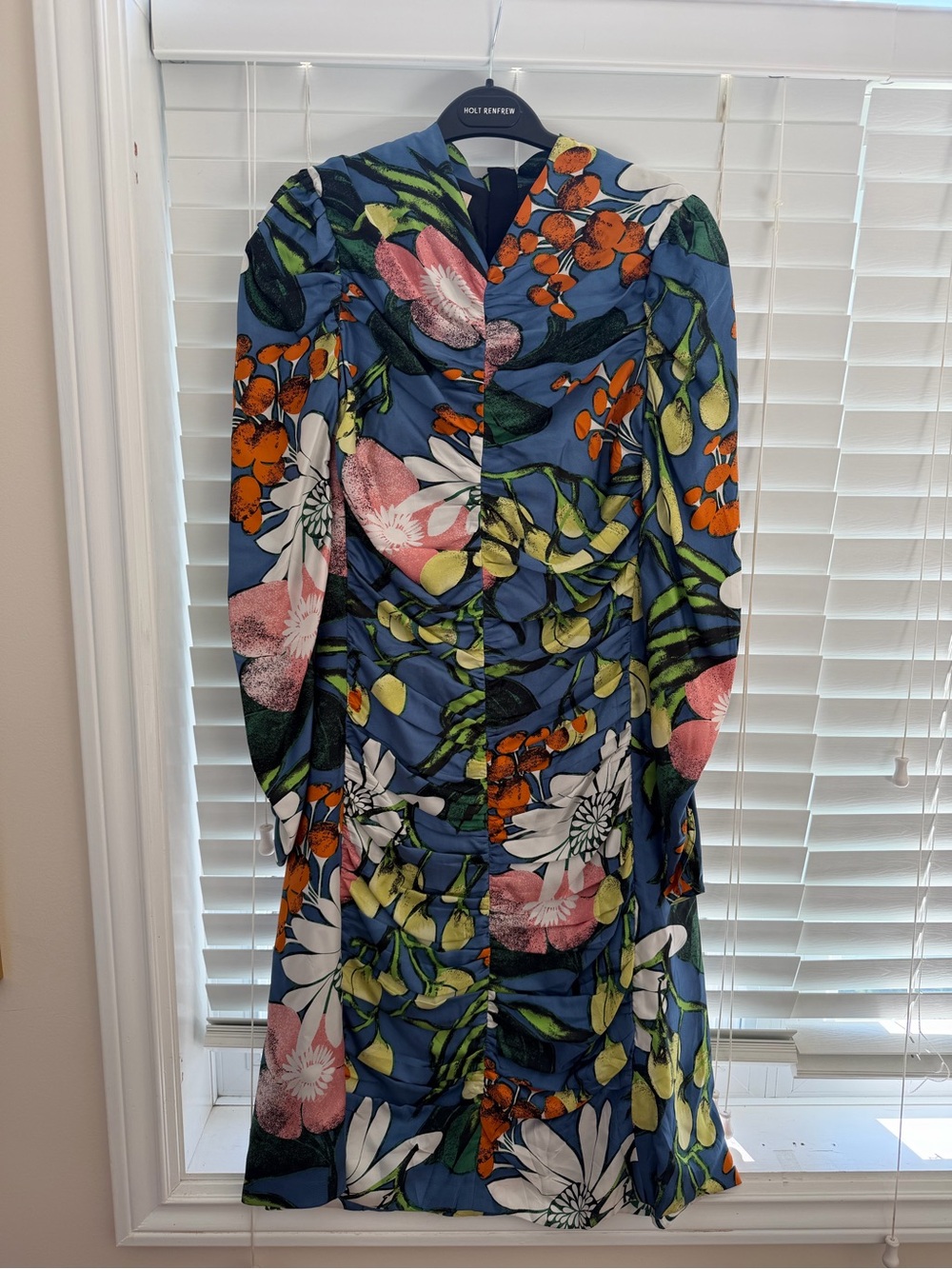 Marni Blue Floral Print Long-Sleeve Dress with Pink, White & Orange Accents